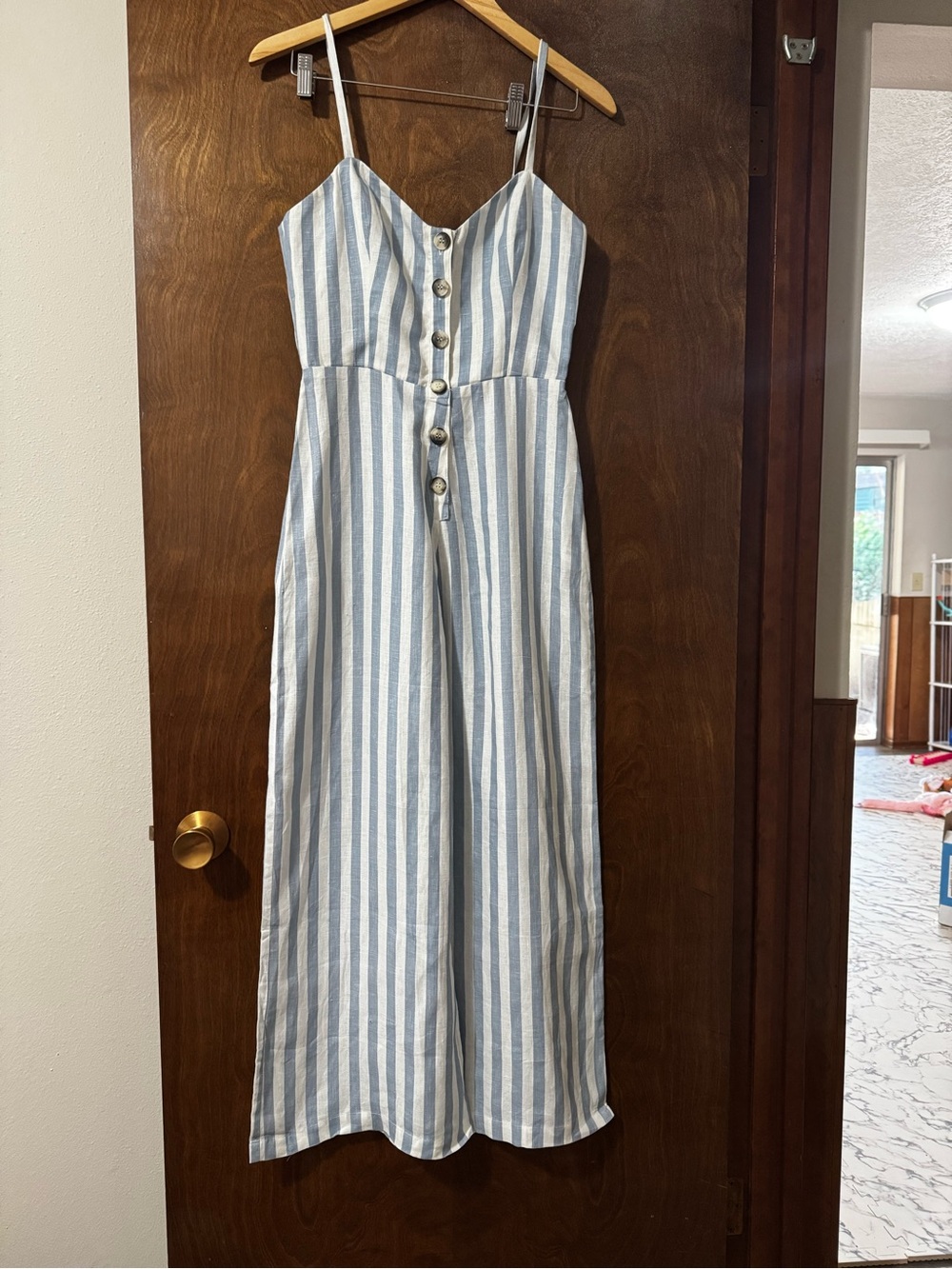 Reformation Torta Blue & White Striped Button-Front Linen Jumpsuit 4 small - Picture 7 of 11